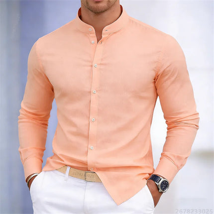 Men's stand-up collar white or black long-sleeved shirt, solid color shirt, slim fit business casual men's top, sizes XS-6XL.