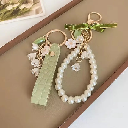 2pcs Lily of The Valley Flower Leather Keychain for Women Korea Fashion Sweet Key Chains Green FairyCore Accessories