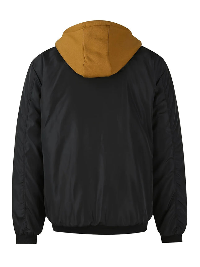 Spring Autumn Men's Hooded jacket, Fake 2-piece Design, Checkered Lining, Multiple Pockets, Warm and Casual, Suitable For Flying