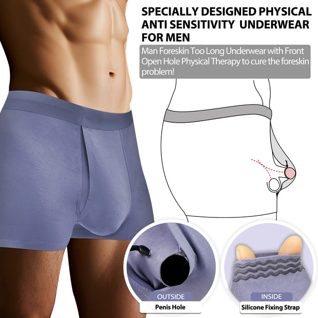 Men's Breathable Underwear Front Open Hole with Adjustable Ring Sheath Boxers Foreskin Long Therapy Enhanced Man Boxers Briefs