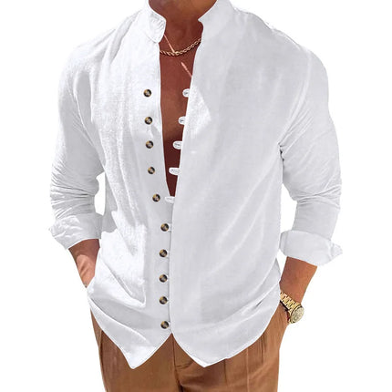 Men's Cotton Linen Shirt Men's Casual Loose Fit Long Sleeve Vintage Retro Button Down Shirt Hawaiian Beach Shirt