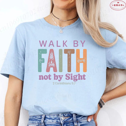 Walk By Faith Not By Sight 2 Corinthians 5:7 T-Shirt Retro Christian Graphic Tee for Women Aesthetic Summer Short Sleeve Clothes