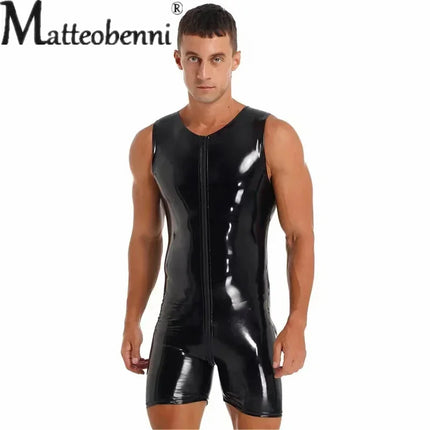 S-7XL Men Shiny PU Leather Two Way Zipper Open Crotch Bodysuit Sleeveless Wet Look PVC Slim Rompers Sexy Tight Cosplay Palysuits