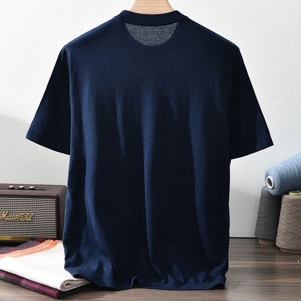 85% Silk + 15% Cashmere Men's T-shirt Casual Solid Color Knitted Pullover Short-Sleeved Round Neck Tees Basic Tops