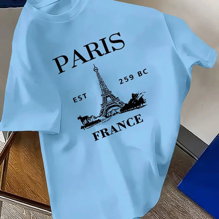 Men's summer 100% cotton retro style Paris Eiffel Tower print fashionable casual sports loose round neck short sleeved T-shirt