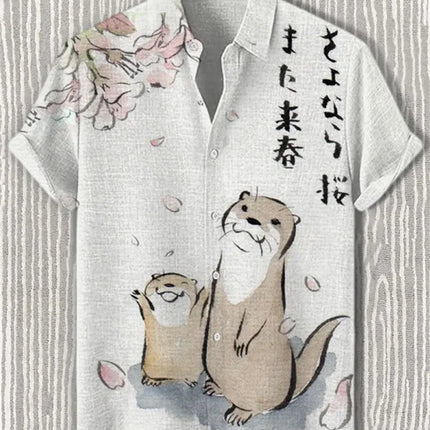 Men's Volcano Animal Pattern Linen Shirt Summer Fashion Short Sleeve Button Collar Shirt Hawaii Casual Shirt Top