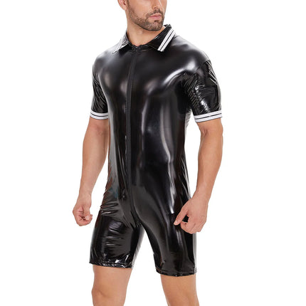 Plus Size Men's Sexy Open Crotch PU Leather Catsuit for Sex, Erotic Shaping Sheath Bodycon Crotchless Glossy Leather Shirt Sexi