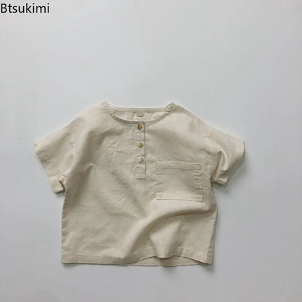 Retro Breathable Polo Shirt Korean Style Children's Summer Cotton and Linen Round Neck T-shirt Boys Girls Simple and Loose Top