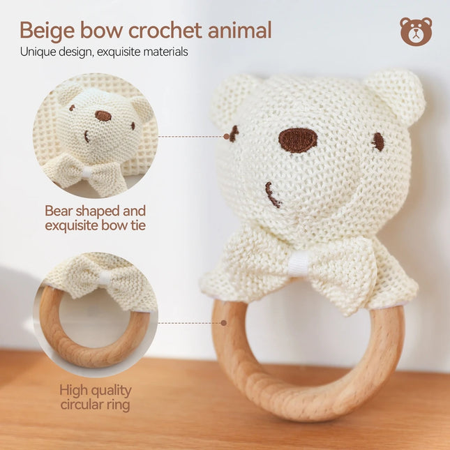 1PC Baby Rattle Toys Crochet Animal Cute Bear Toys Kawaii Wooden Teether Baby Cartoon Mobile Crib Wooden Newborn Rattle Toys