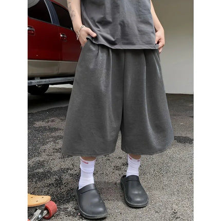 Men Solid Color Casual Capri Shorts Loose Wide Leg Baggy Mid Length Streetwear Daily Sports Pants