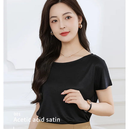 Summer women's short sleeved acetate fabric high-end knitted women's T-shirt thin European style hot selling women's T-shirt