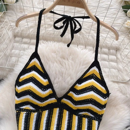 Beach Vacation Style Cami Top Women Design Sense Color Blocking Hook Flower Slim Fit Camisole Short Sexy Exposed Navel Crop Tops