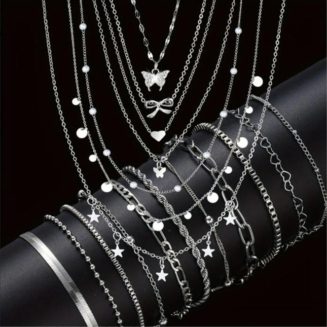 17pcs Fashion Minimalist Jewelry Set For Women Vintage Twist Snake Bone Heart Butterfly Star Pendant Necklace Bracelet Sets Gift