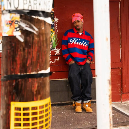 Y2K Haitian Long-Sleeved Shirts Fashionable Red and Blue Striped Knitted Lapel Jersey Oversized Retro Men Women Streetwear Tops