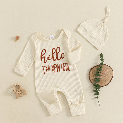 Newborn Baby Boy Fall Clothes Set Casual Letter Embroidery Long Sleeve Ribbed Romper Jumpsuit and Hat 2Pieces Set for Infants