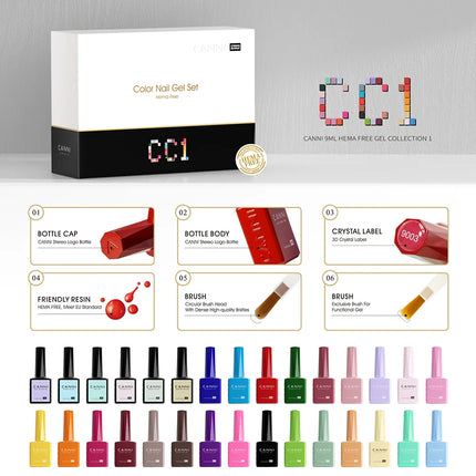 CC8 New Kit CANNI 9ML Nail Gel Polish HEMA/TPO FREE 30pcs Color Gel Pigment Professional Long Wear Top Coat Gel Varnish Set