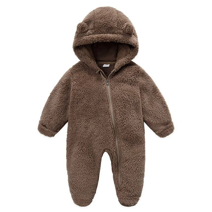 Baby Plush Rompers Autumn Newborn Boys Girls Long Sleeve Hooded Zipper Closure Jumpsuits Winter Warm Toddler Infant Outfits
