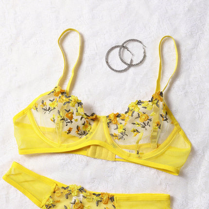 Women Sexy Lace Lingerie Push Up Lingerie Semi-Sheer Bra And Panty Sets Female Erotic Underwear Flower Embroidery Bralette Set