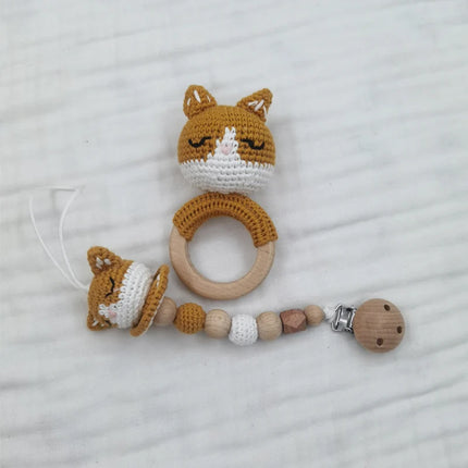 Baby Rattle Crochet Bear Teether Rattle With Bells Pacifier Chain Newborn Montessori Educational Toy Wooden Rings Baby Toys