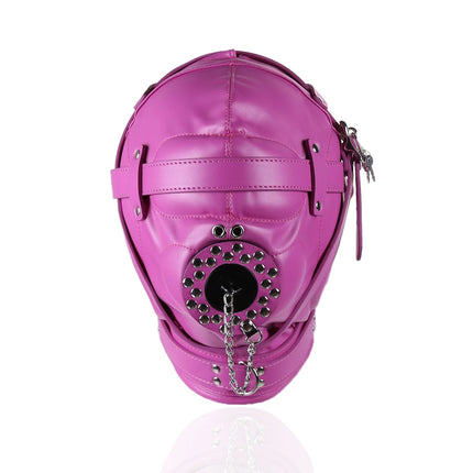 PU Leather Full Head Bondage Hood Mask Adjustable BDSM Headgear Blindfold with Chain Leash Role Play Costume Accessories