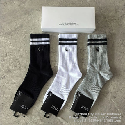 New Men Women Combed Cotton Embroidered Logo Two Bars Casual Sports Socks Running Fitness Breathable Trendy Socks
