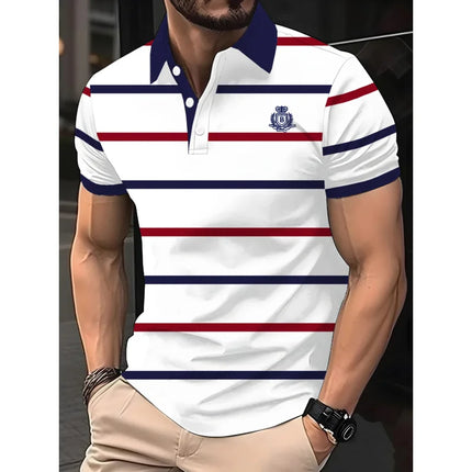 Luxury brand lettered short-sleeved polo shirt, fashionable striped summer breathable T-shirt, high-end Korean style men's clothing