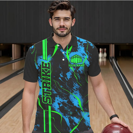 CustomizedBowling Shirt-Customizable Text Color and Format-Bowling Shirt withGreen Crack and Blue Contrast Design PrintedPattern