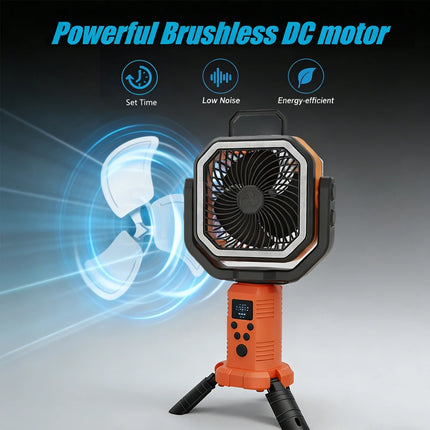 30000mAh Portable Camping Fan Light 4-Gear Wind Speed Outdoor Tripod Stand, with 3 Brightness LED Lights USB Charging Desk Fan
