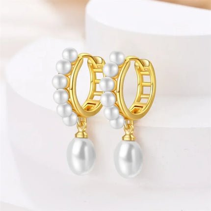 925 Sterling Silver Gold Pearl Hoop Earrings Pave Large Circular Shape Earring Gift for Women Jewelry Anniversary Wedding