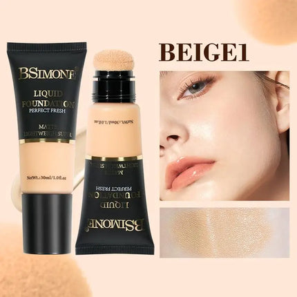 BSIMONE Coverage Foundation Long-Lasting Oil Control Waterproof Liquid Foundation Matte Finish Concealer With Sponge Brush Head