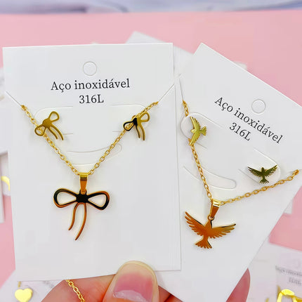 10Sets Fashion Flowers Heart Geometry Stainless Steel Earrings Necklace Set For Women Mix Style Trendy Jewelry Party Gifts