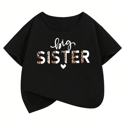 Fashion Big Sister Leopard Print T-Shirts Short Sleeve Kids Children's T-shirt Girls Summer Spring Casual Top Tee Shirt