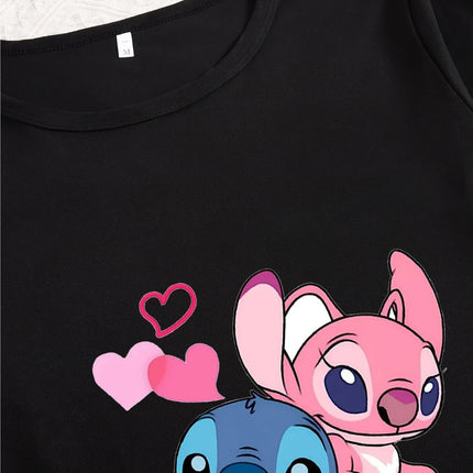 Disney men's and women's Stitch sleepwear 3-piece set, casual and cute short sleeved top, long pants, home wear