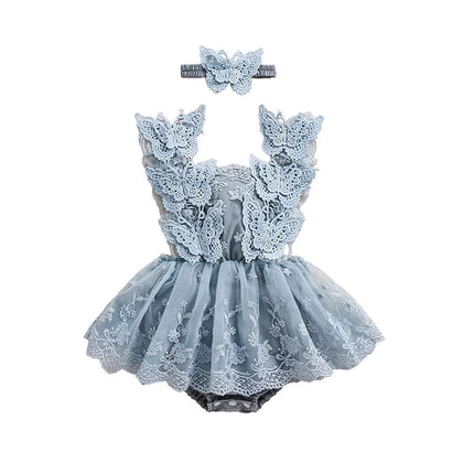 Infant Baby Girls Princess Rompers Dress Lace Butterfly Fly Sleeve Mesh Skirt Hem Jumpsuits with Headband Birthday Party Outfit