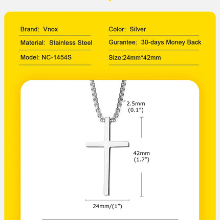 Vnox Cross Necklace for Men Women, Silver Color Plain Cross Pendant Collar with Stainless Steel Box Chain