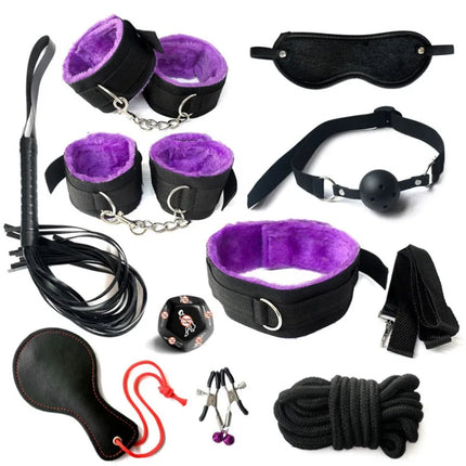 10PCS BDSM Bondage Set Restraint System Handcuffs Ankle Cuffs Collar Whip Ball Gag Cotton Rope Nipple Clamps Adult Sex Toy Kit