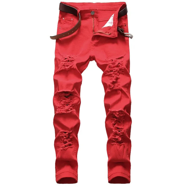 New Men's Stretch Jeans, Featuring A Distinctive Multi-ripped Design and Elastic Fabric, Showcase Individual Style.