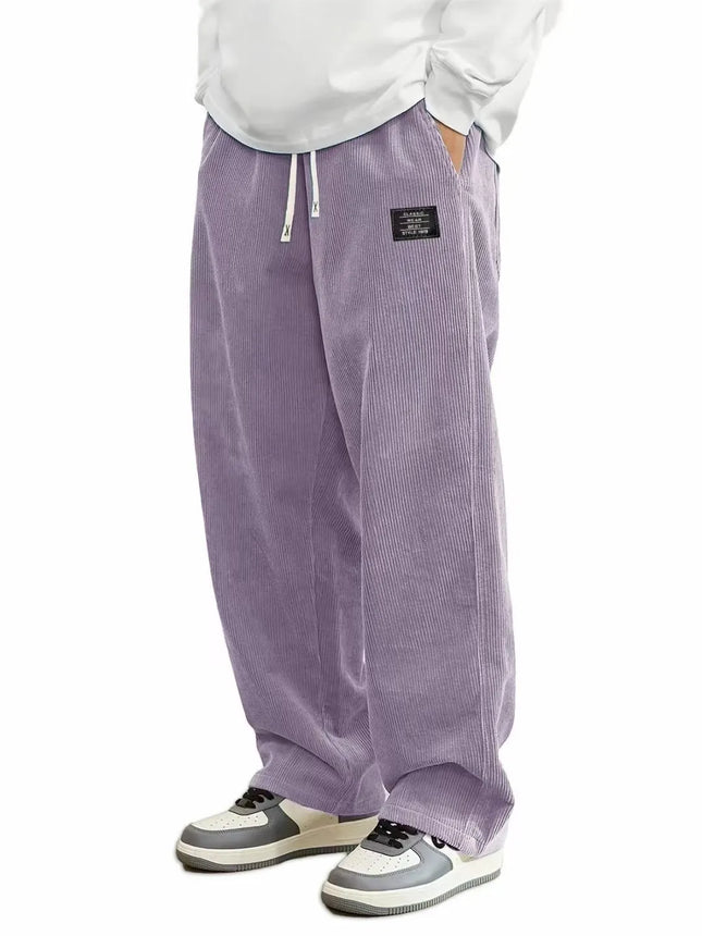 Men'S Corduroy Straight Leg Pants with Drawstring Waist,  Pockets, and Logo Design - Stretchy, Casual Fit for Everyday Wear