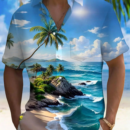 New Hawaii Spring/Summer Fashion Leisure Street Walk Tourist Beach Printed Full Open Short Sleeve Button Shirt, Quick Shipping