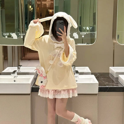 Japanese Girl Cream Spliced Cute Ear Hoodie with Puppy Embroidery Hooded Loose Top Jacket
