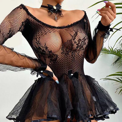 Women's Summer Fashion Sexy Lace Hollow Out Long Sleeve Nightdress See-Through Black Color Mesh Erotic A-line Mini Skirt
