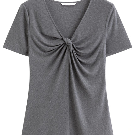 FSLE 2026 Spring Summer Women's Slim Fit V-Neck Short Sleeve Knit Top Mulberry Silk Cupro Blend Shirt for Lightweight Soft Touch