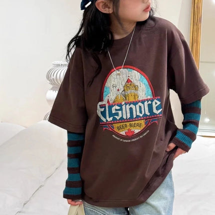 Bora Children's Faionable Girl's 2025 New Autumn Sweatirt Fake Two-Piece Children's T-irt Boys And Girls Casual Loose Fit