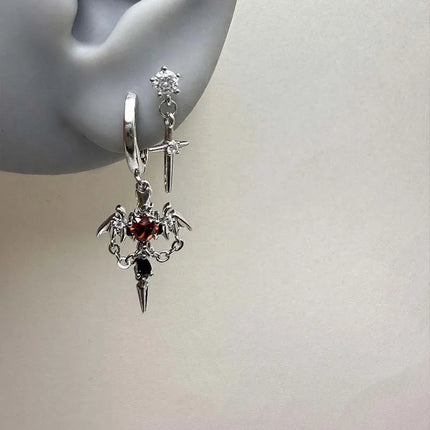 Punk Red Zircon Heart Wings Drop Earrings for Women Men Sweet Cool Metal Crystal Cross Piercing Earrings Y2K Jewelry Accessories