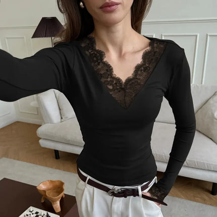 Tornova V neck Lace T shirt Top Women Sexy Navel Exposed Pullover Fashion Splice Hot Girl Club Party Top Autumn New Lady T shirt