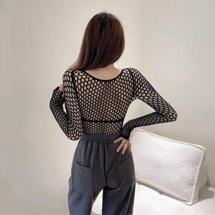 FY108 Sexy Black Fishnet Mesh See Through Women Skinny Goth Hollow Out Long Sleeve Shirts Crop Top T-Shirt Streetwear Gothic