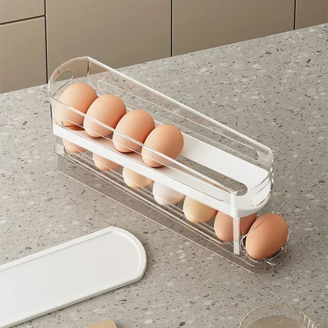 Bilayer Fridge Egg Storage Box Ladder Style Automatic Rolling Egg Holder Rack Refrigerator Dispenser Egg Organizer