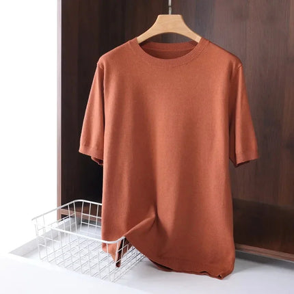 2025 Superfine Merino Wool T-Shirt Men's Knitted O-neck Breathable Thin Cashmere Short Sleeve Tee Solid Color Tops