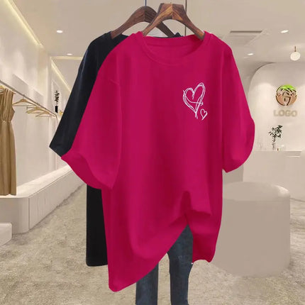 Summer 2025 New Elegant Love Print T-shirts Women Clothing Casual Loose Cotton Pullover Office Lady Basic Short Sleeve Top Tees