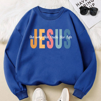 Jesus Color Letter Creative Print Women Sweatshirt Soft Fleece Pullover All-Match Y2K Loose Clothes Autumn Casual Streetwear